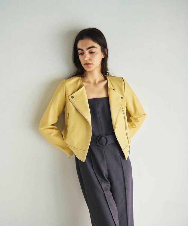 GRACE CONTINENTAL ノーカラーレザーライダースジャケット イエロー