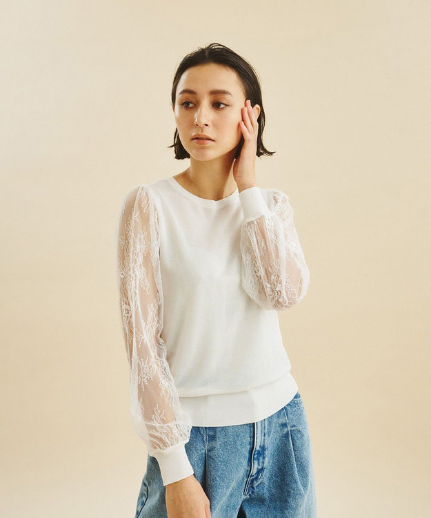 Rene 21SS ラッフルスリーブワンピース　グレー EarlyAutumn-SALE シアー ラッフルフリル Vラインネック ニット