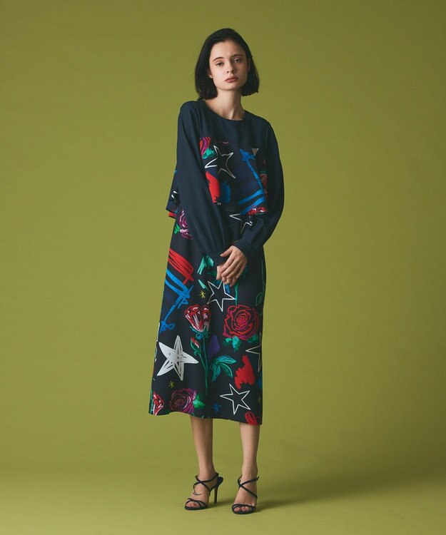 GRACE CONTINENTAL プリントコンビドレス ネイビー