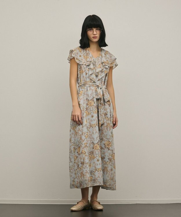 GRACE CONTINENTAL サラサプリントフリルカラーワンピース サックス