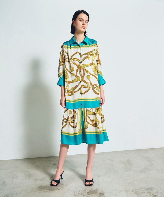 GRACE CONTINENTAL スカーフプリントシャツドレス グリーン