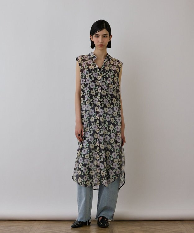 GRACE CONTINENTAL フラワーロングシャツ ブラック