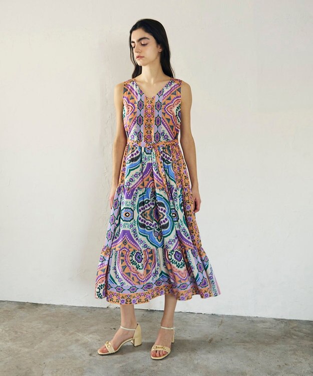 GRACE CONTINENTAL パネルプリントティアードワンピース オレンジ