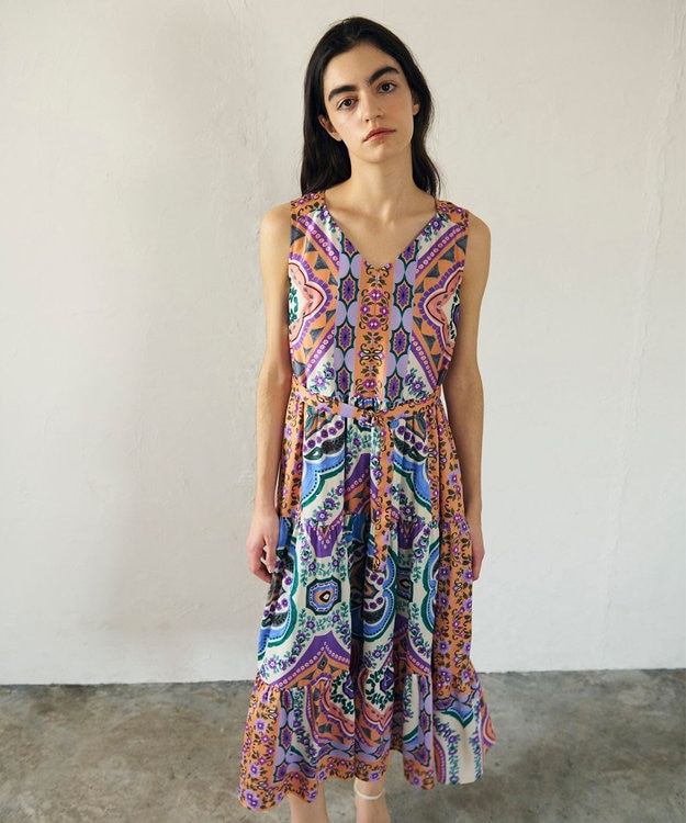 GRACE CONTINENTAL パネルプリントティアードワンピース オレンジ