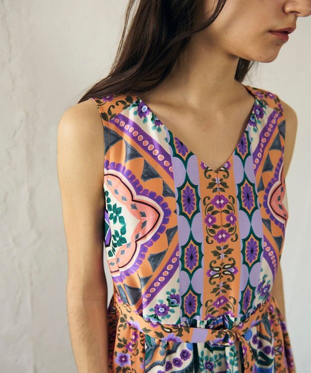 GRACE CONTINENTAL パネルプリントティアードワンピース オレンジ