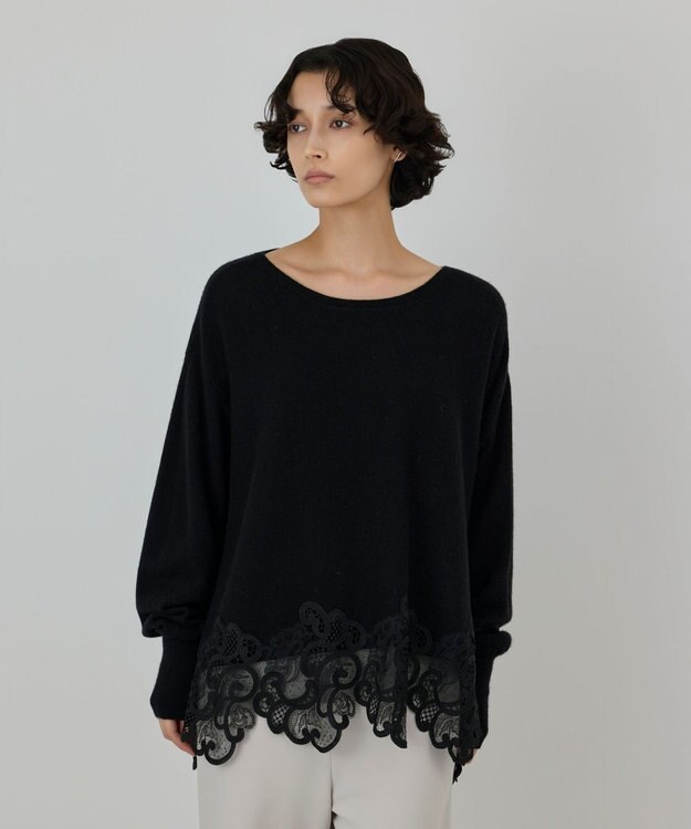 GRACE CONTINENTAL ヘムレースニットトップ ブラック