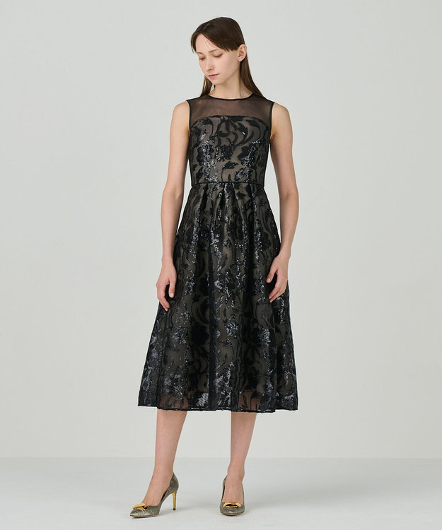 GRACE CONTINENTAL スパンコールエンブロイダリードレス ブラック