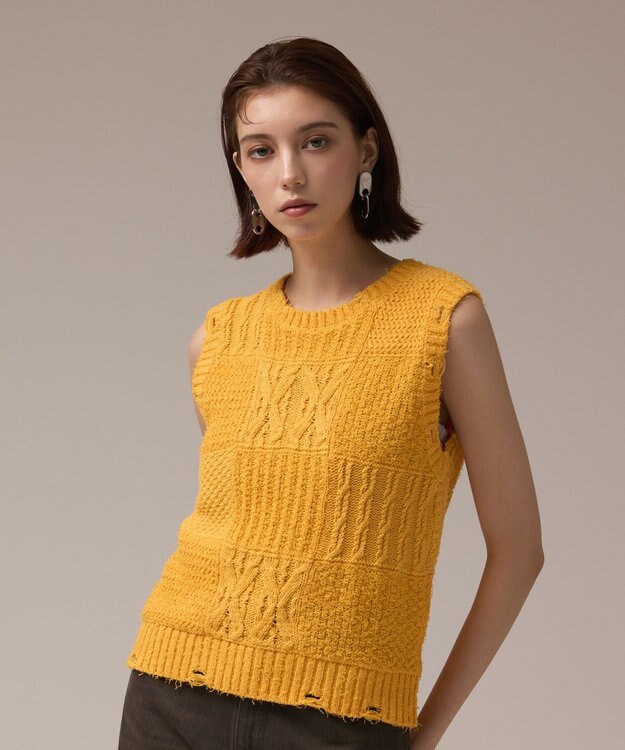 GRACE CONTINENTAL パッチワークニットトップ イエロー