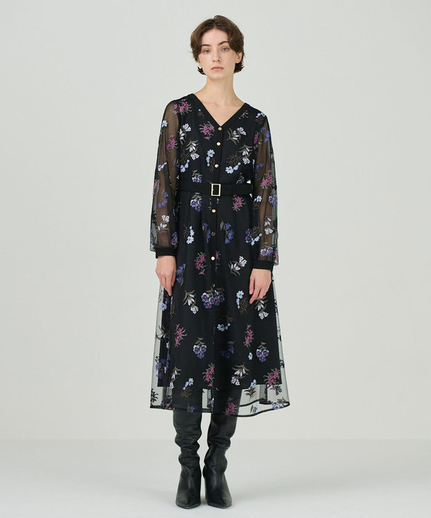 GRACE CONTINENTAL チュールフラワー刺繍ワンピース ブラック