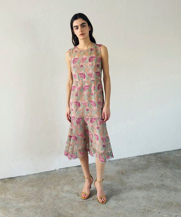 GRACE CONTINENTAL フラワー刺繍チュールドレス ピンク