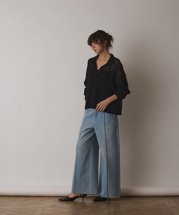 GRACE CONTINENTAL メッシュVネックニットトップ ブラック