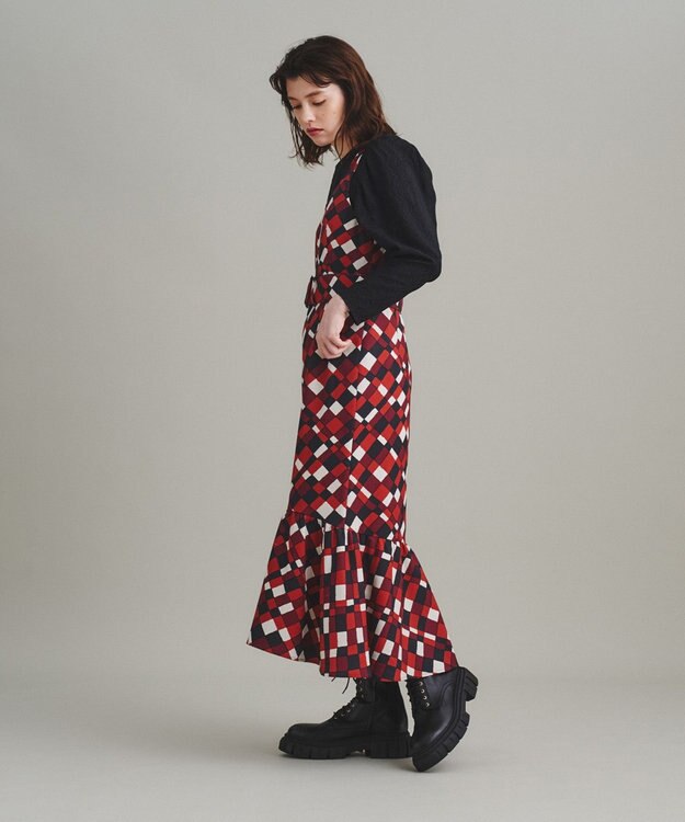 GRACE CONTINENTAL ベルト付チェックプリントワンピース レッド