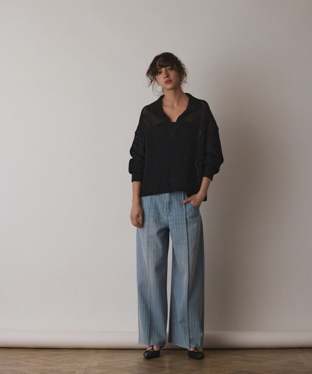 GRACE CONTINENTAL メッシュVネックニットトップ ブラック