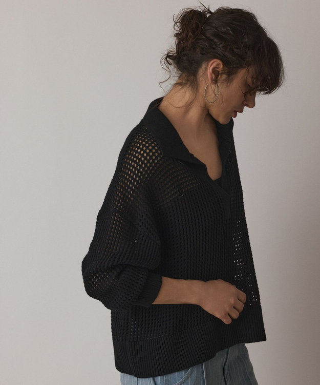GRACE CONTINENTAL メッシュVネックニットトップ ブラック