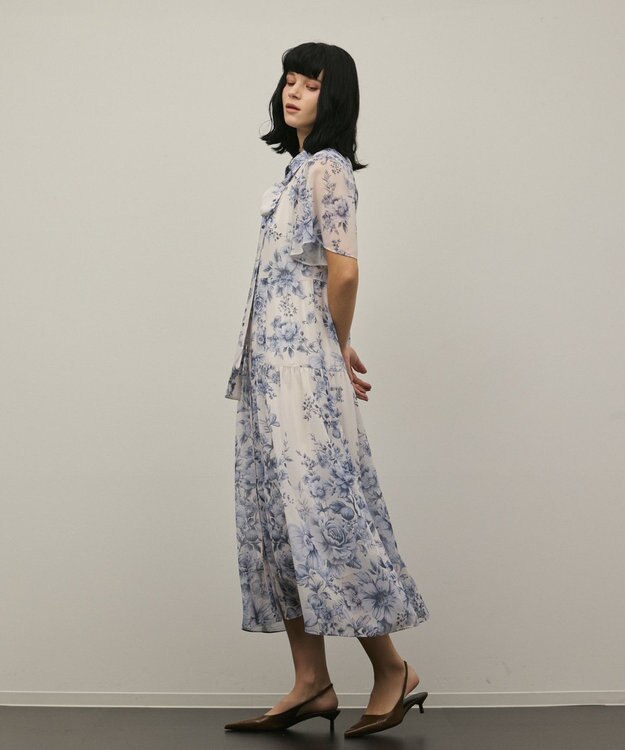 GRACE CONTINENTAL フラワープリントシャツフレアワンピース ブルー