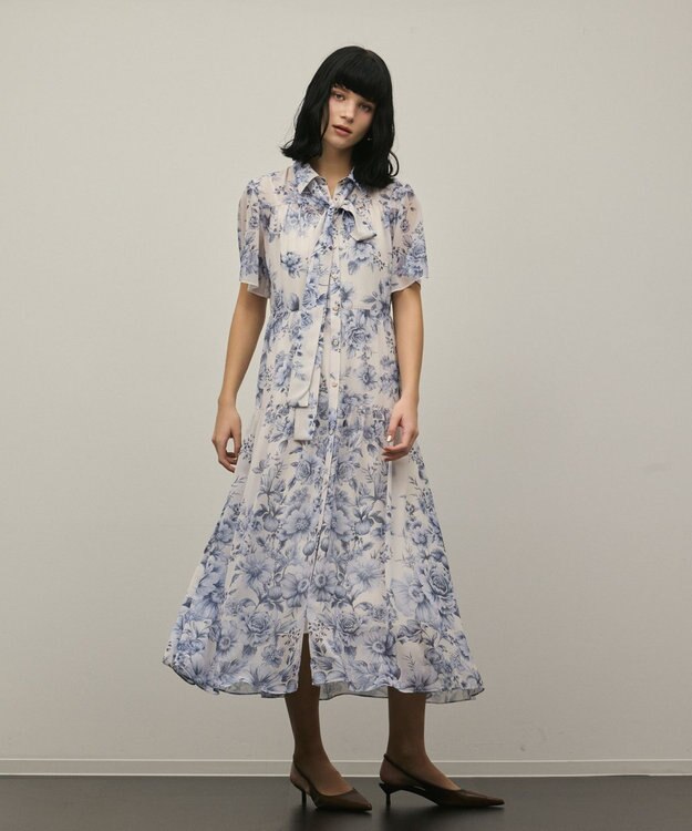 GRACE CONTINENTAL フラワープリントシャツフレアワンピース ブルー