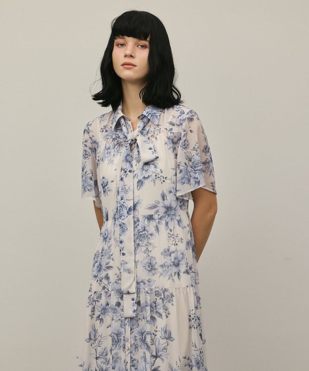 GRACE CONTINENTAL フラワープリントシャツフレアワンピース ブルー