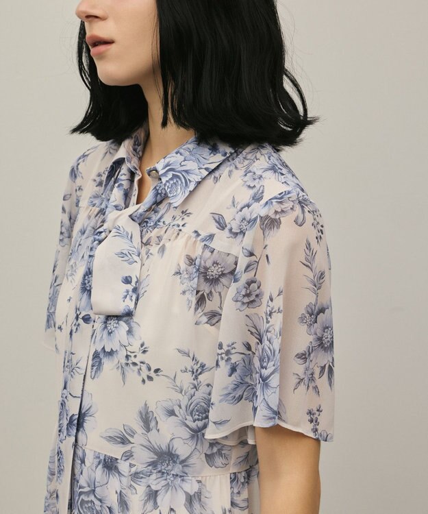 GRACE CONTINENTAL フラワープリントシャツフレアワンピース ブルー