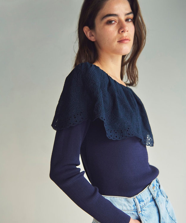 GRACE CONTINENTAL カットワークリブニットトップ ネイビー