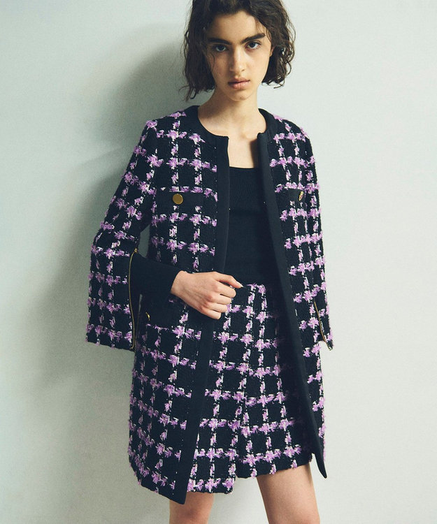 GRACE CONTINENTAL フェザーチェックツイードコート パープル