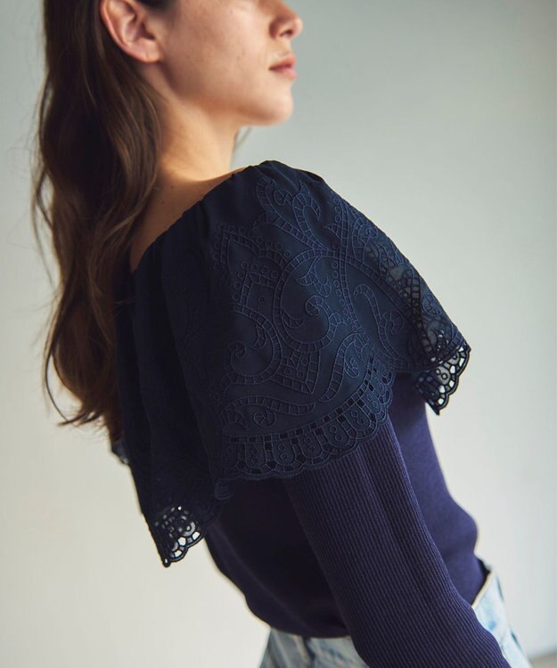 GRACE CONTINENTAL カットワークリブニットトップ ネイビー