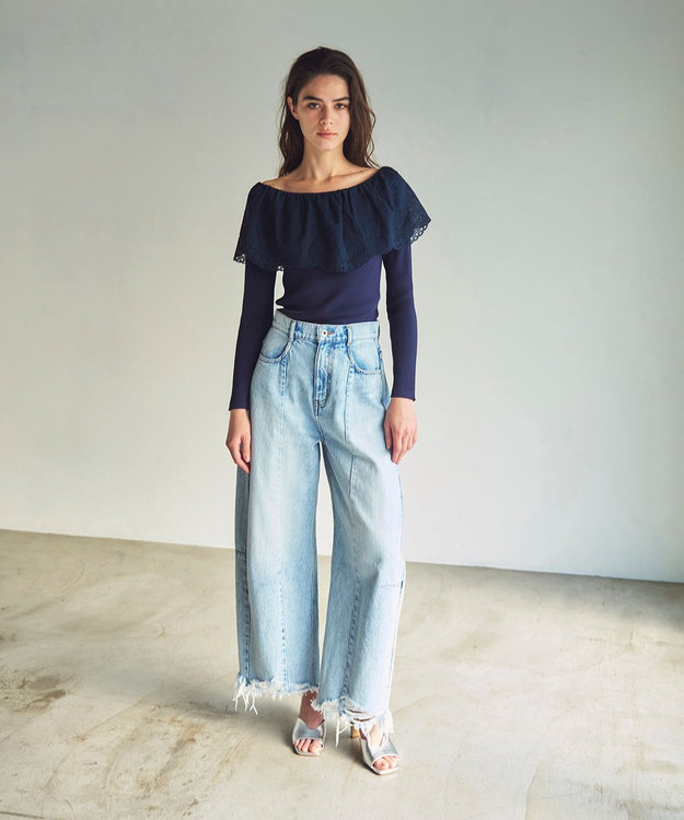 GRACE CONTINENTAL カットワークリブニットトップ ネイビー