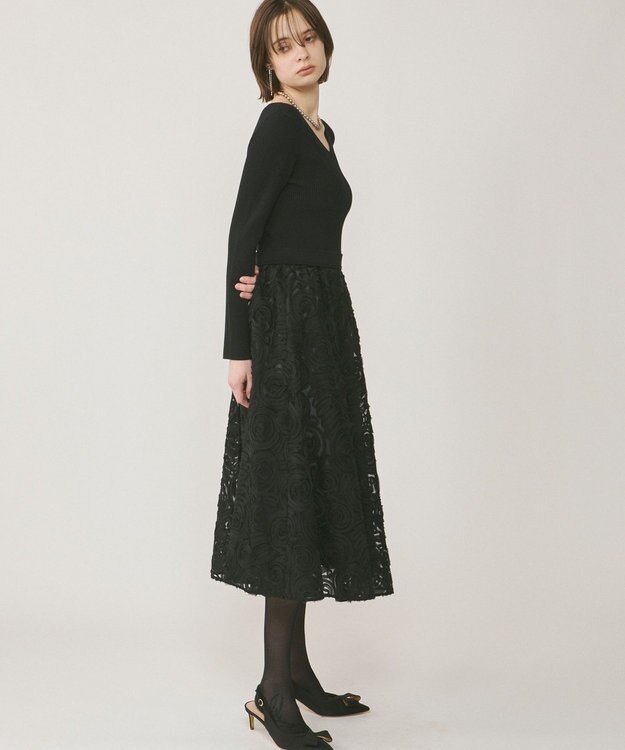 GRACE CONTINENTAL テープ刺繍ニットワンピース ブラック