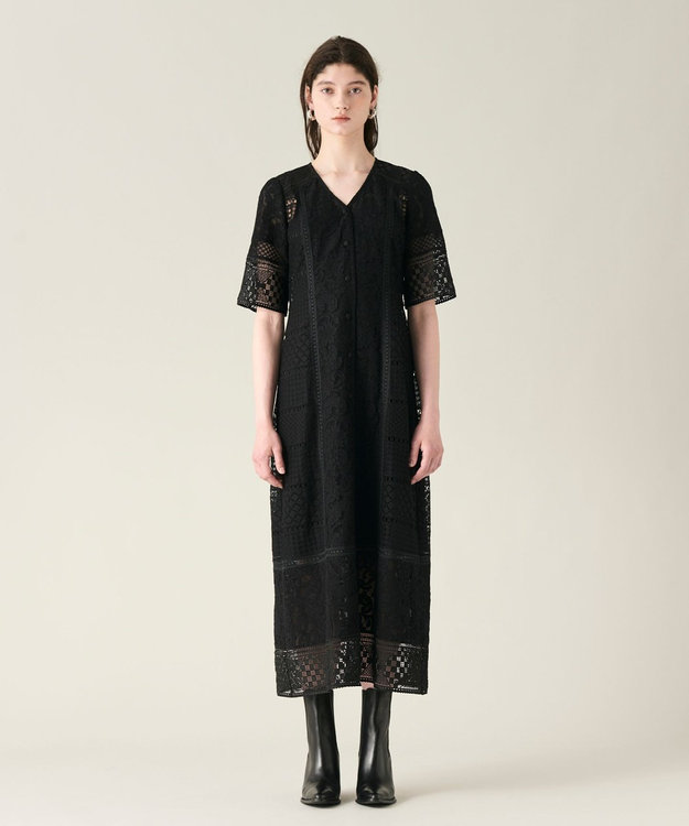 GRACE CONTINENTAL コンビレースVネックワンピース ブラック