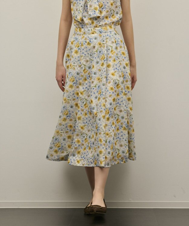 GRACE CONTINENTAL シアーフラワープリントジャガードフレアスカート イエロー