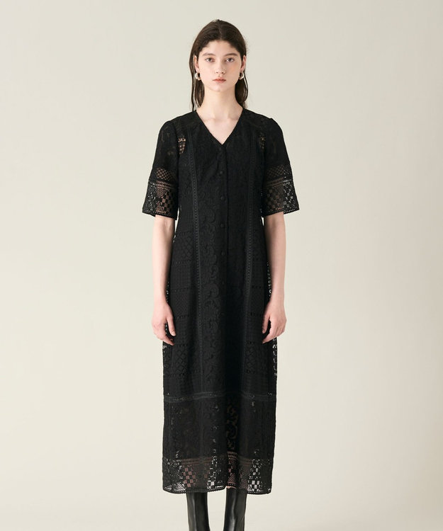 GRACE CONTINENTAL コンビレースVネックワンピース ブラック