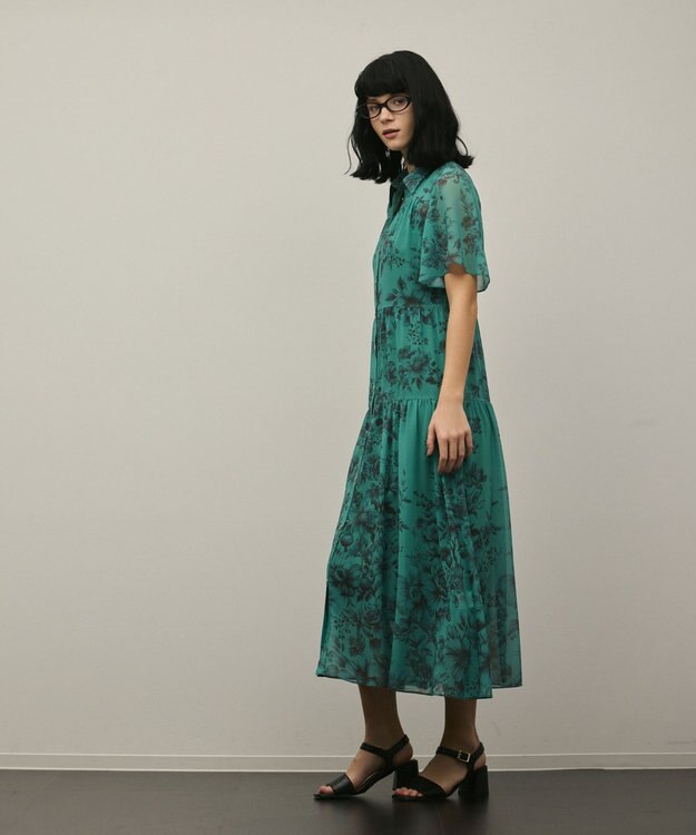 GRACE CONTINENTAL フラワープリントシャツフレアワンピース グリーン
