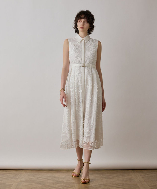 GRACE CONTINENTAL フラワーライン刺繍ワンピース ホワイト