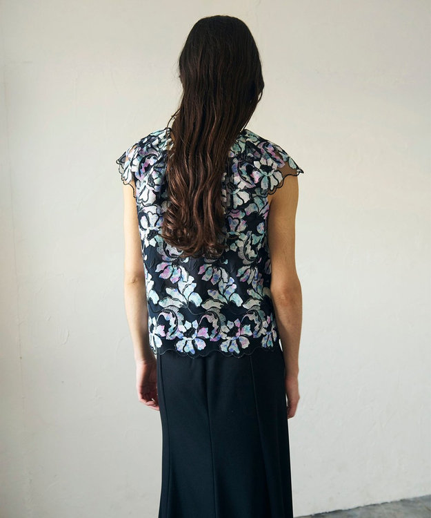 GRACE CONTINENTAL フラワー刺繍プリントトップ ブラック