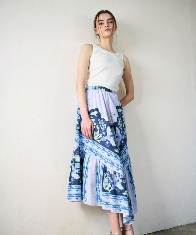 GRACE CONTINENTAL フレームプリントギャザースカート ネイビー