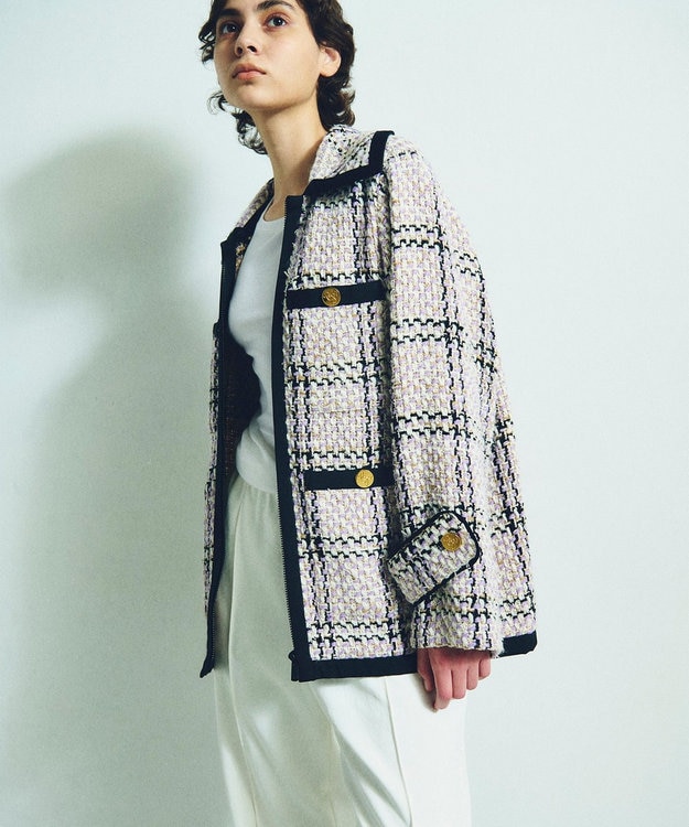 GRACE CONTINENTAL ツイードフーディーコート ラベンダー