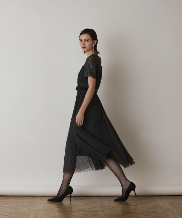 GRACE CONTINENTAL チュールプリーツドレス グレー