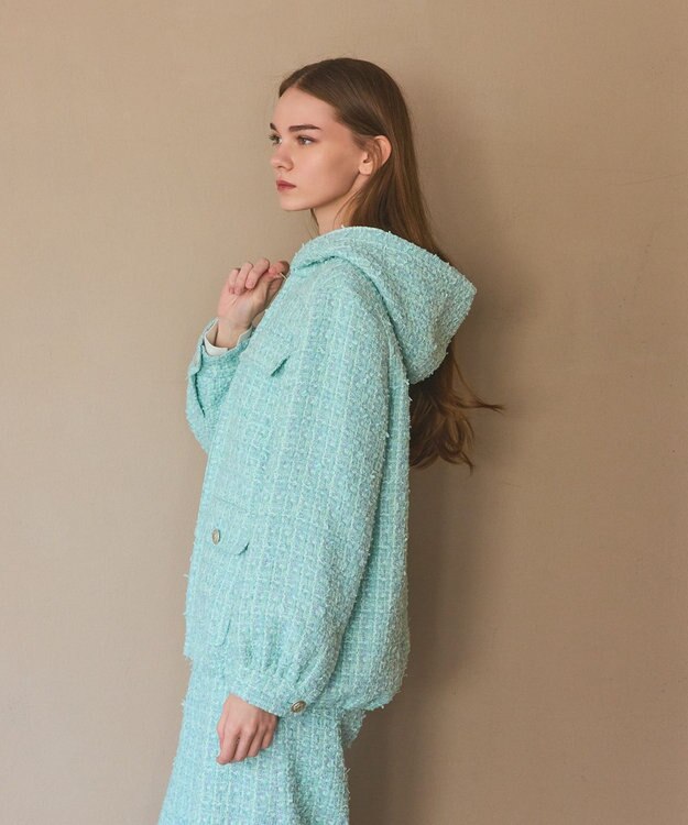 GRACE CONTINENTAL ツイードフーディーコート ミント