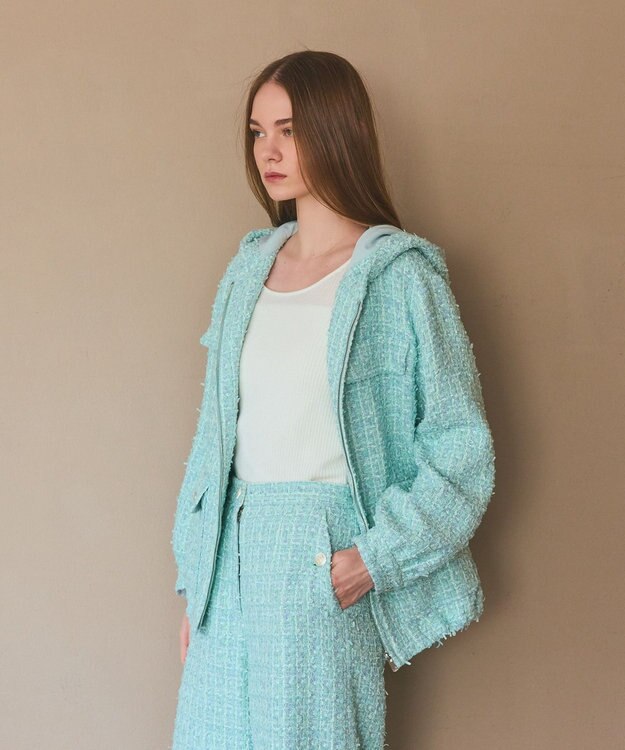 GRACE CONTINENTAL ツイードフーディーコート ミント