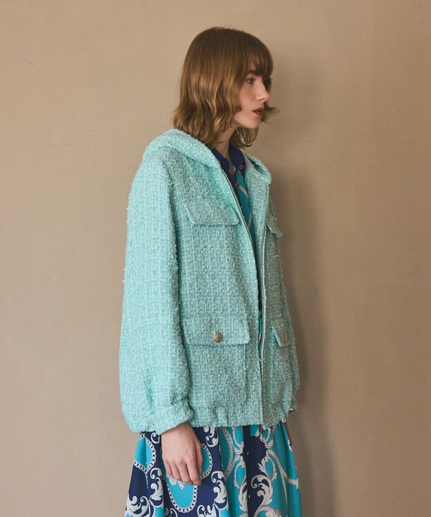 GRACE CONTINENTAL ツイードフーディーコート ミント