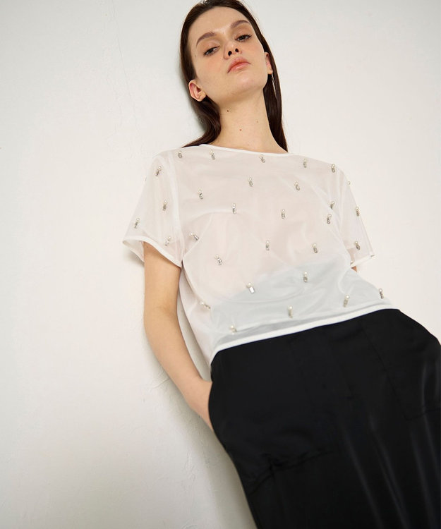 GRACE CONTINENTAL ビジューチュールトップ ホワイト