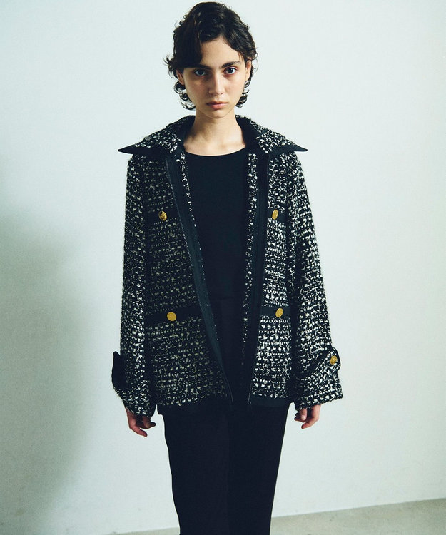 GRACE CONTINENTAL ツイードフーディーコート ブラック