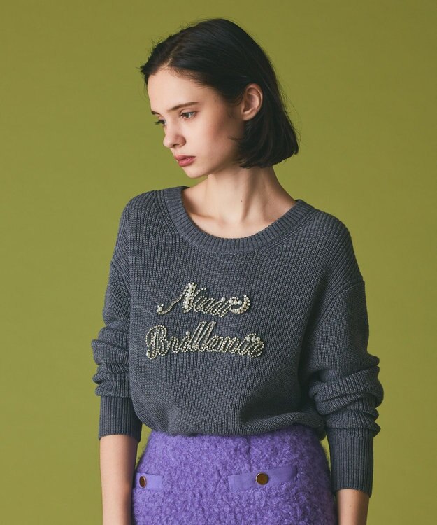 GRACE CONTINENTAL ビジューロゴニットトップ グレー