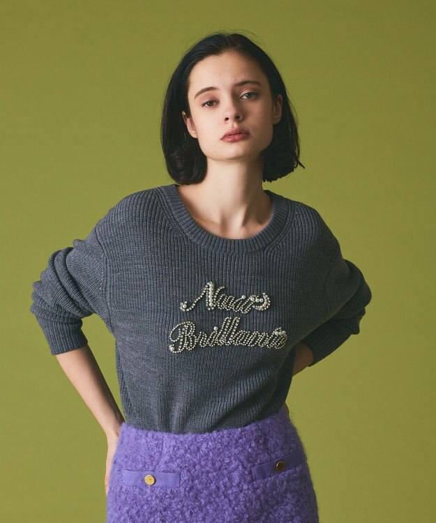 GRACE CONTINENTAL ビジューロゴニットトップ グレー