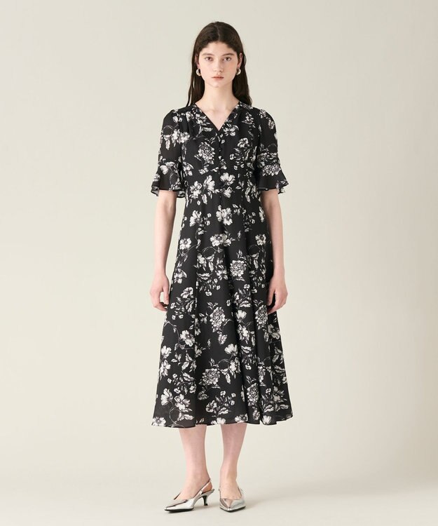 GRACE CONTINENTAL フラワープリントフレアワンピース ブラック
