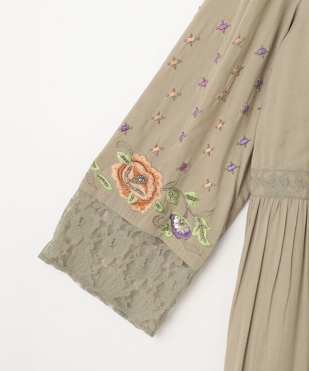 GRACE CONTINENTAL フラワー刺繍エスニックワンピース カーキ