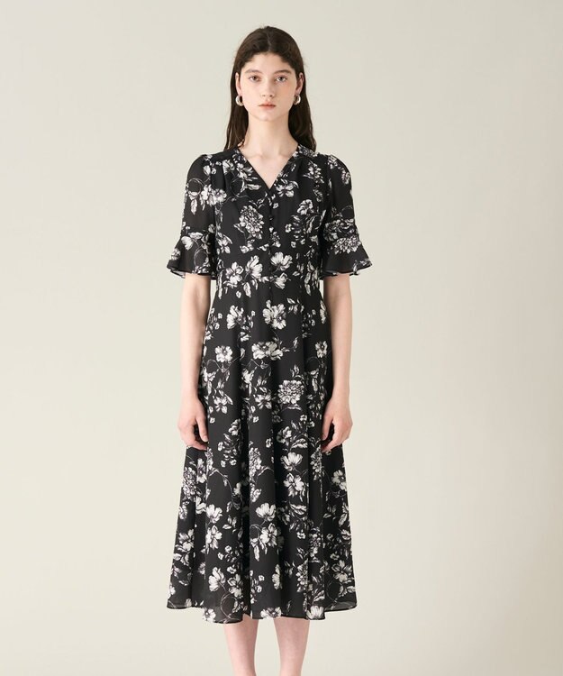GRACE CONTINENTAL フラワープリントフレアワンピース ブラック