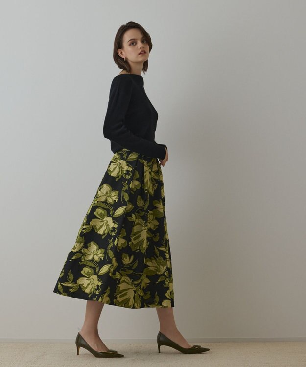 GRACE CONTINENTAL ラメフラワージャガードスカート イエロー