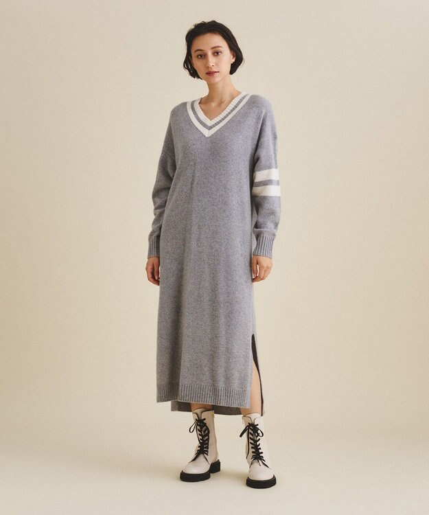 chiclinグレー 半袖 ロングワンピース後ろ ボタン付き チルデンロングニットワンピース / GRACE CONTINENTAL | GRACE