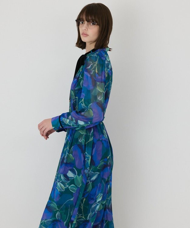 GRACE CONTINENTAL ローズプリントフレアワンピース ブルー