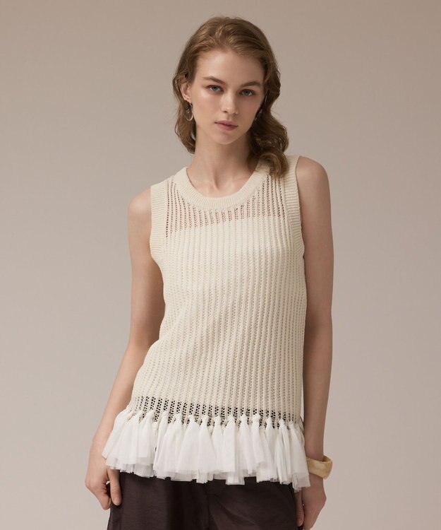 GRACE CONTINENTAL チュールフリンジニットトップ キナリ